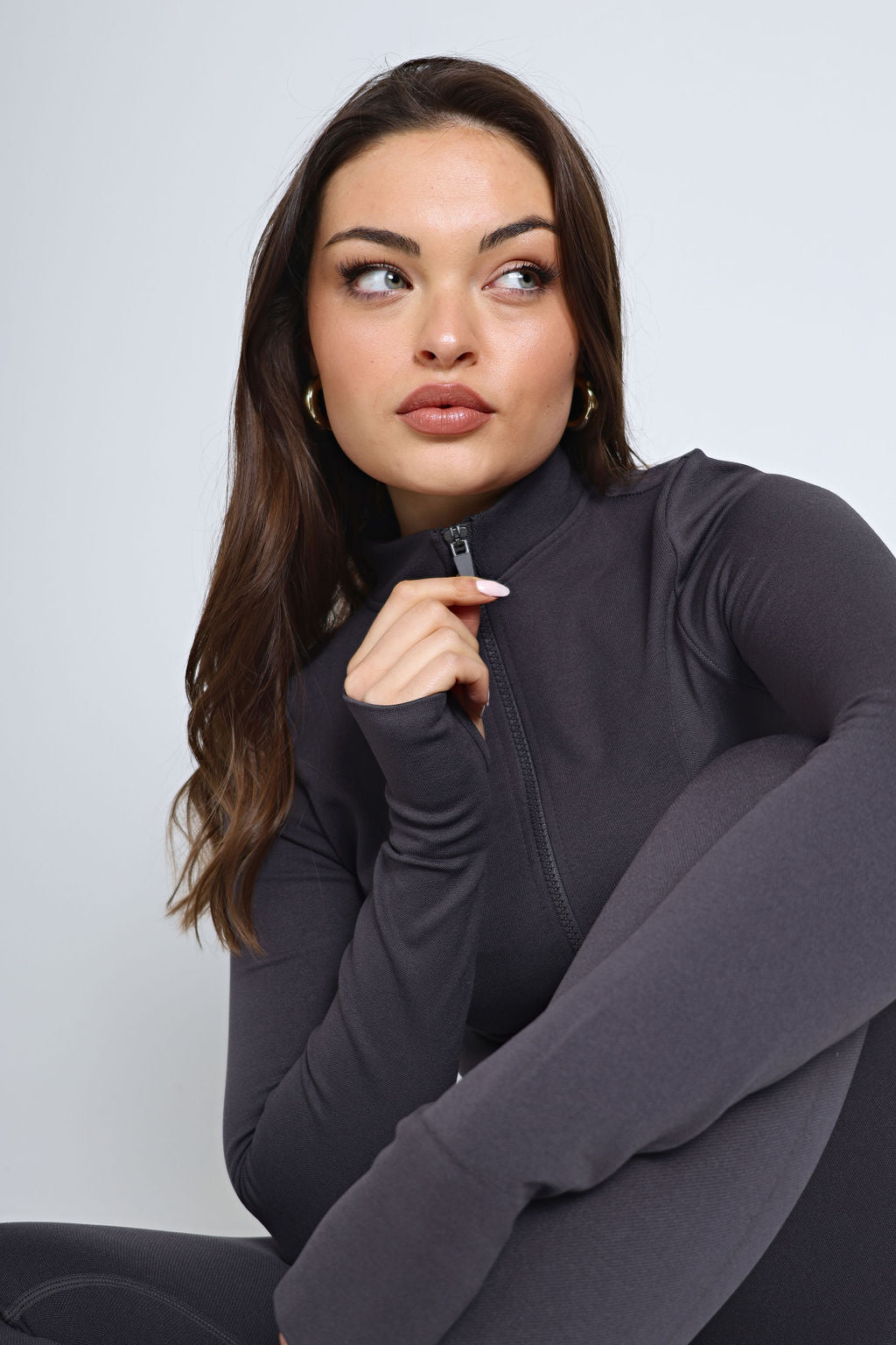 Della Active Zip Through Top - Charcoal